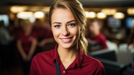 Obraz premium Close-up shot of a female flight attendant standing in the aisle in the airplane cabin.