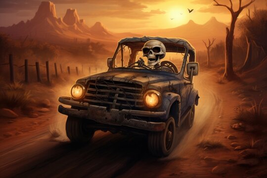 A skeleton drives a car on the country road on Halloween
