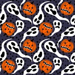 Cartoon autumn vegetable seamless Halloween pumpkins pattern for wrapping paper and fabrics and kids clothes