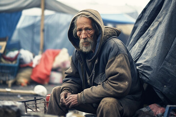 In the makeshift tent city, a weathered, homeless old man ekes out survival, surrounded by the...