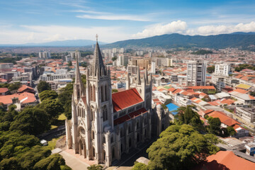 Naklejka premium Aerial Perspective of Majestic Cathedral in the Vibrant & Bustling City Center