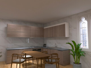 Kitchen interior design 3d render, 3d illustration