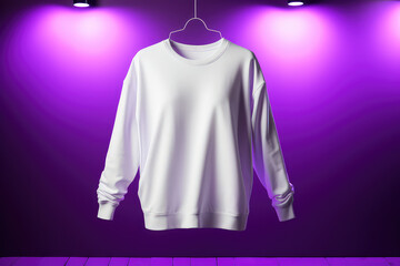 Hanging white sweatshirt for mockup design, purple neon club background. 3d render illustration style. 