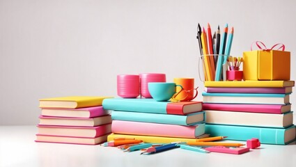 Fototapeta premium bright stationery and books isolated on white