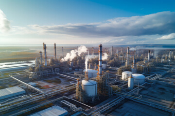 Aerial Perspective of Modern Industrial Landscape featuring an Oil Refinery with Clouds of Vapor and gleaming Towers