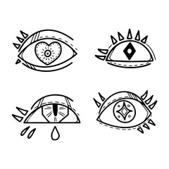 Set of doodle eyes. Mystic eyes collection. Hand drawn cartoon. Vector illustration isolated on white background.