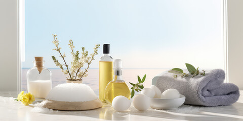 Obraz na płótnie Canvas Beauty treatment items for spa procedures on white wooden table. Massage stones, essential oils and sea salt, white lighting, wallpaper for website banner.