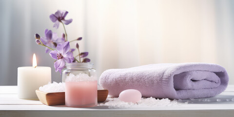 Obraz na płótnie Canvas Beauty treatment items for spa procedures on white wooden table. Massage stones, essential oils and sea salt, white lighting, wallpaper for website banner.