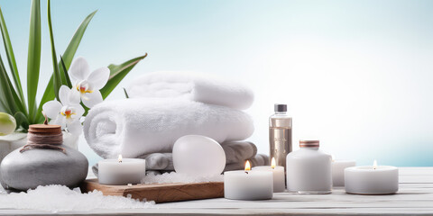 Beauty treatment items for spa procedures on white wooden table. Massage stones, essential oils and...