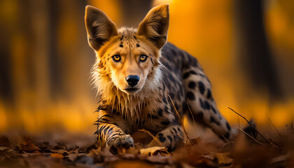 Portrait of a hybrid mix of wild cat like leopard an wild dogs  - obrazy, fototapety, plakaty