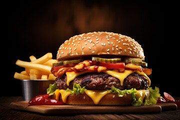 Mouth-watering photo of juicy burger and fries - obrazy, fototapety, plakaty