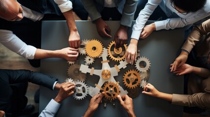 Photo of people gathered around a table with gears, discussing ideas and working on a project together