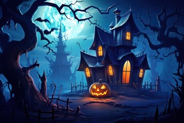 Fototapeta na wymiar A spooky haunted horror house, halloween, pumpkin, cartoon