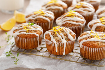 Lemon zucchini muffins with thyme and cream cheese glaze