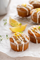 Lemon zucchini muffins with thyme and cream cheese glaze