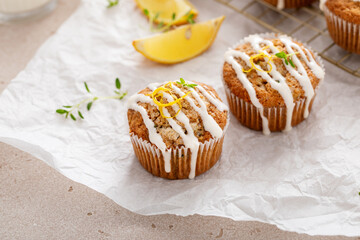 Lemon zucchini muffins with thyme and cream cheese glaze