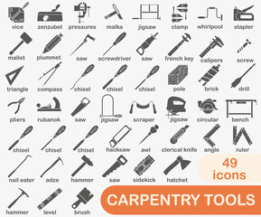 Collection of dark full icons of carpentry tools. Tool for a carpentry workshop with the name. Vector illustration.