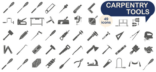 Tool for carpentry workshop. Collection of dark full icons of carpentry tools. Vector illustration. - obrazy, fototapety, plakaty