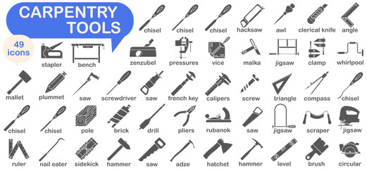 Collection of dark full icons of carpentry tools. Tool for a carpentry workshop with the name. Vector illustration.