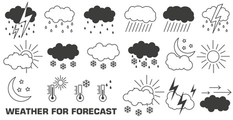 Linear icon set of weather conditions. Minimal weather conditions vector illustrations.