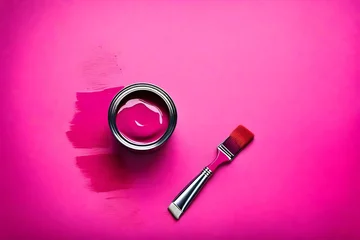 Fototapeten Can of viva magenta paint wirh brush on pink background © CREATER CENTER