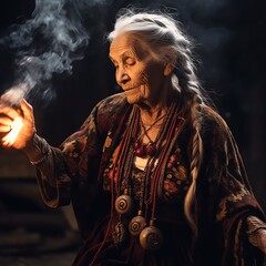 Old shamanic woman with fire