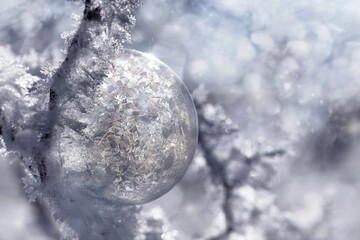 Macro Close-up of frozen soap bubble ice bubble backlight and sparkle effect background texture -...