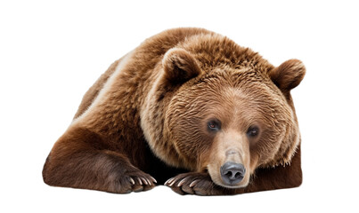 Brown bear (Ursus arctos) isolated on transparent background, png. One lonely brown bear, laying down Lonely bear looking sad.
