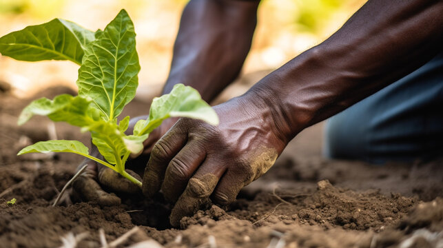African man holding a plant of tree in the soil - Generative AI