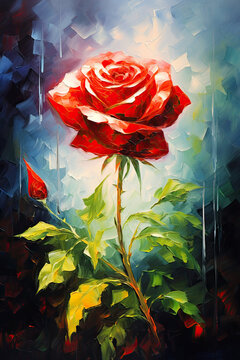 Red Rose Brush Strokes Acrylic Painting. Canvas Texture.