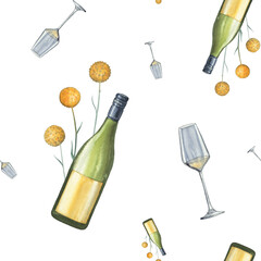 Watercolour seamless pattern with wine bottle, glass and craspedia flower. Australian white wine and field flowers. Decor for wrapping paper, textile, tablecloth, bar, restaurant. Hand drawn