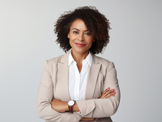 Portrait of a Smiling African American Business Woman middle age 50s 40s arms crossed isolated white background