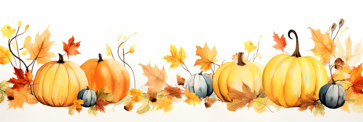Fall watercolor border with pumpkins and fall leaves, generative AI