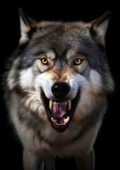 Animal photography of a angry wolf on a black background conceptual for frame