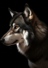 Obraz premium Animal photography of a wolf on a black background conceptual for frame