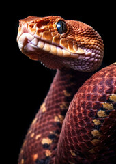 Fototapeta premium Animal portrait of a wild snake on a black background conceptual for frame