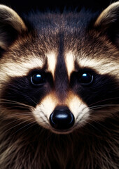 Animal portrait of a wild raccoon on a black background conceptual for frame