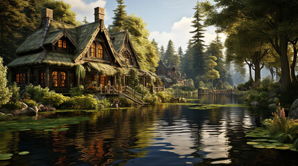 Adventure in non urban scene rustic boathouse on tranquil pond - obrazy, fototapety, plakaty
