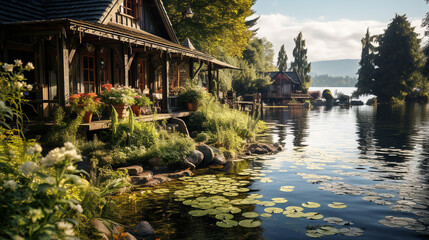 Fototapeta na wymiar Adventure in non urban scene rustic boathouse on tranquil pond