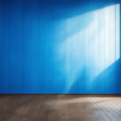 Blue empty wall and wooden floor with light glare Generative AI