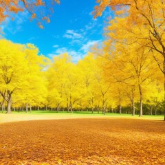yellow and orange fallen leaves and blue sky on a bright sunny day. Natural autumn landscape Generative AI