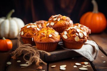 Pumpkin muffins on a wooden table homemade and freshly baked, fall dessert or snack idea, generative AI - obrazy, fototapety, plakaty