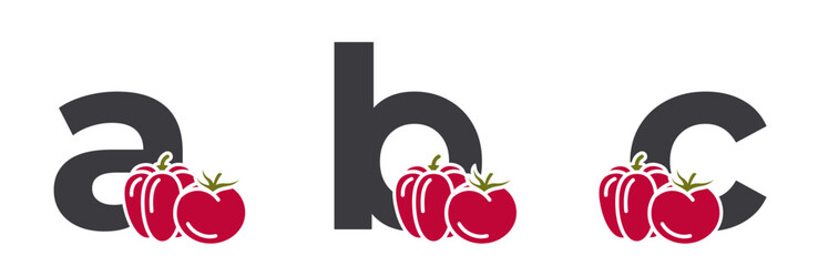 abc lowercase letters with tomato and bell pepper. vegetable alphabet design. harvest, agriculture and farming image