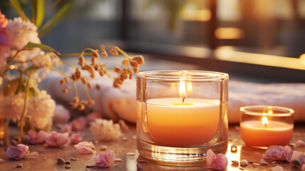 Aromatherapy candle burning in tranquil spa treatment room background