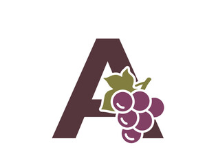 letter a with grapes. fruit alphabet logo. gardening, winemaking and harvest design