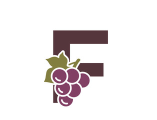 letter f with grapes. fruit and organic food alphabet logo. gardening, winemaking and harvest design