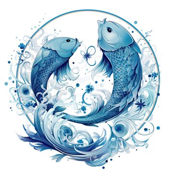 Pisces Zodiac symbol in blue tones on white background