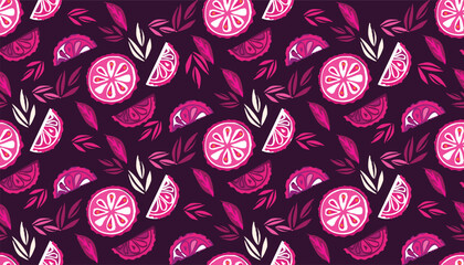 Fototapeta premium Lemon fruit summer seamless pattern background with various tropical fruit Cute vector hand drawn doodle art illustration for packaging design, cover, packages, clothing, textile