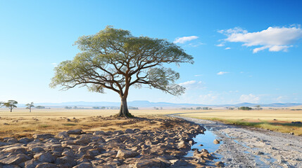 Beautiful shot of a tree in the savanna plains with the blue sky