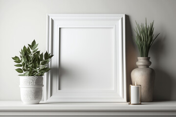 Empty frame on a white mantle with plants , blank mock up for art showcase, generative AI